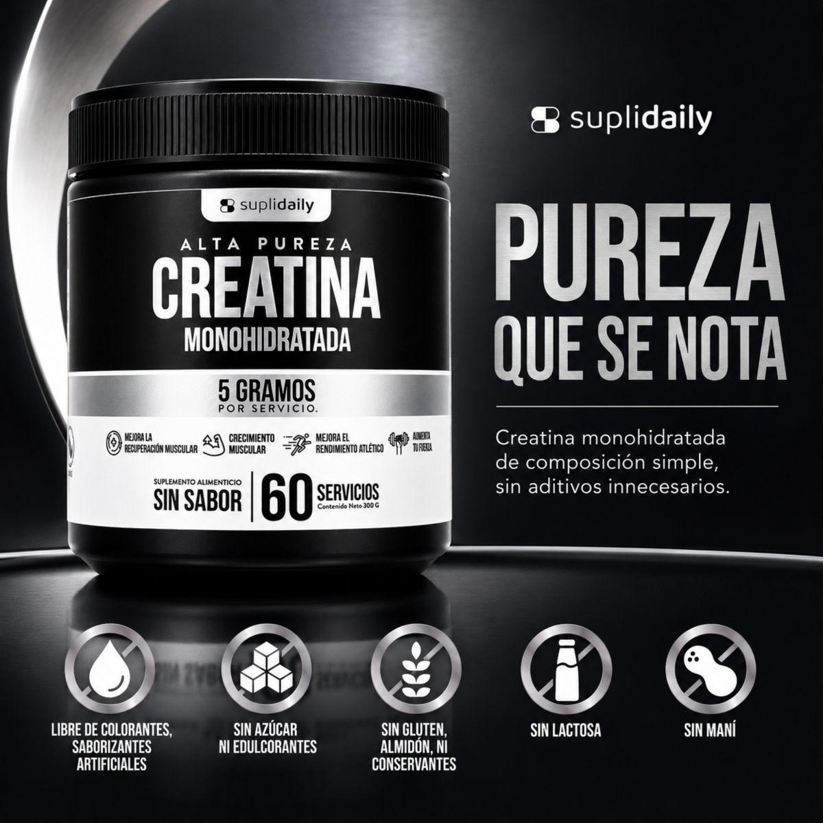 Creatina Monohidratada 100 Pura 300g 60 Porciones Sin Sabor Suplidaily Alta Calidad-3