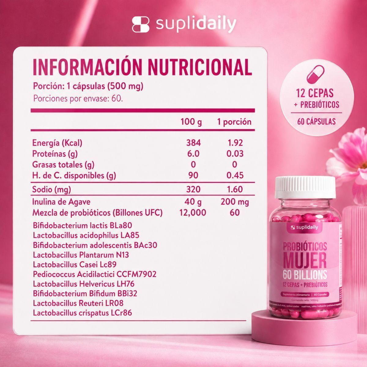 Probióticos Mujer 60 Billones 12 Cepas 180 cápsulas Prebióticos 6 Meses   -9