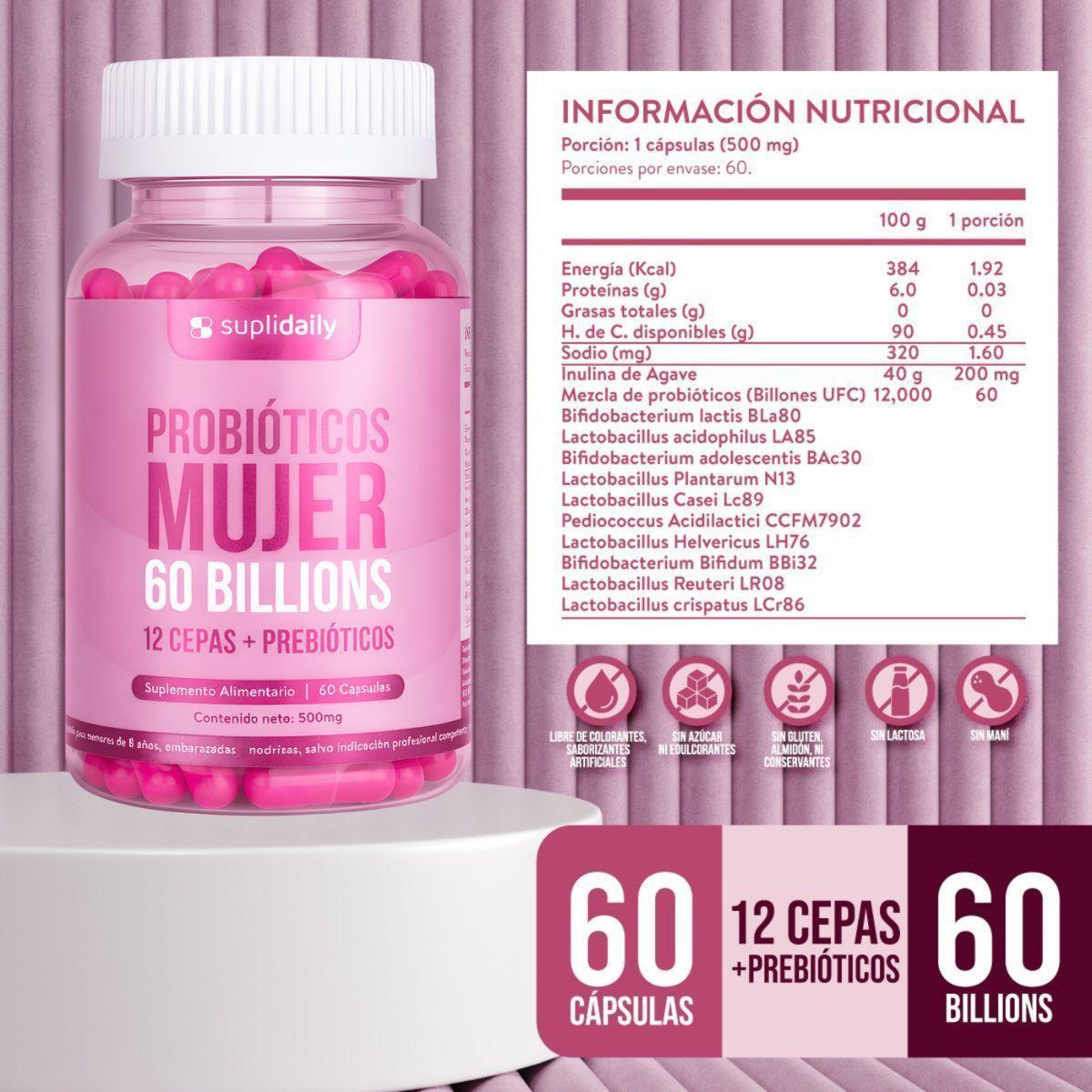 Probióticos Mujer 60 Billones 12 Cepas 60 cápsulas Prebióticos 2 Meses-1