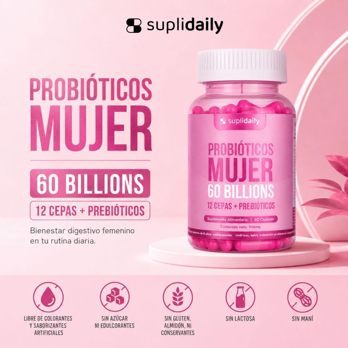 Probióticos Mujer 60 Billones 12 Cepas 120 cápsulas Prebióticos 4 Meses-5