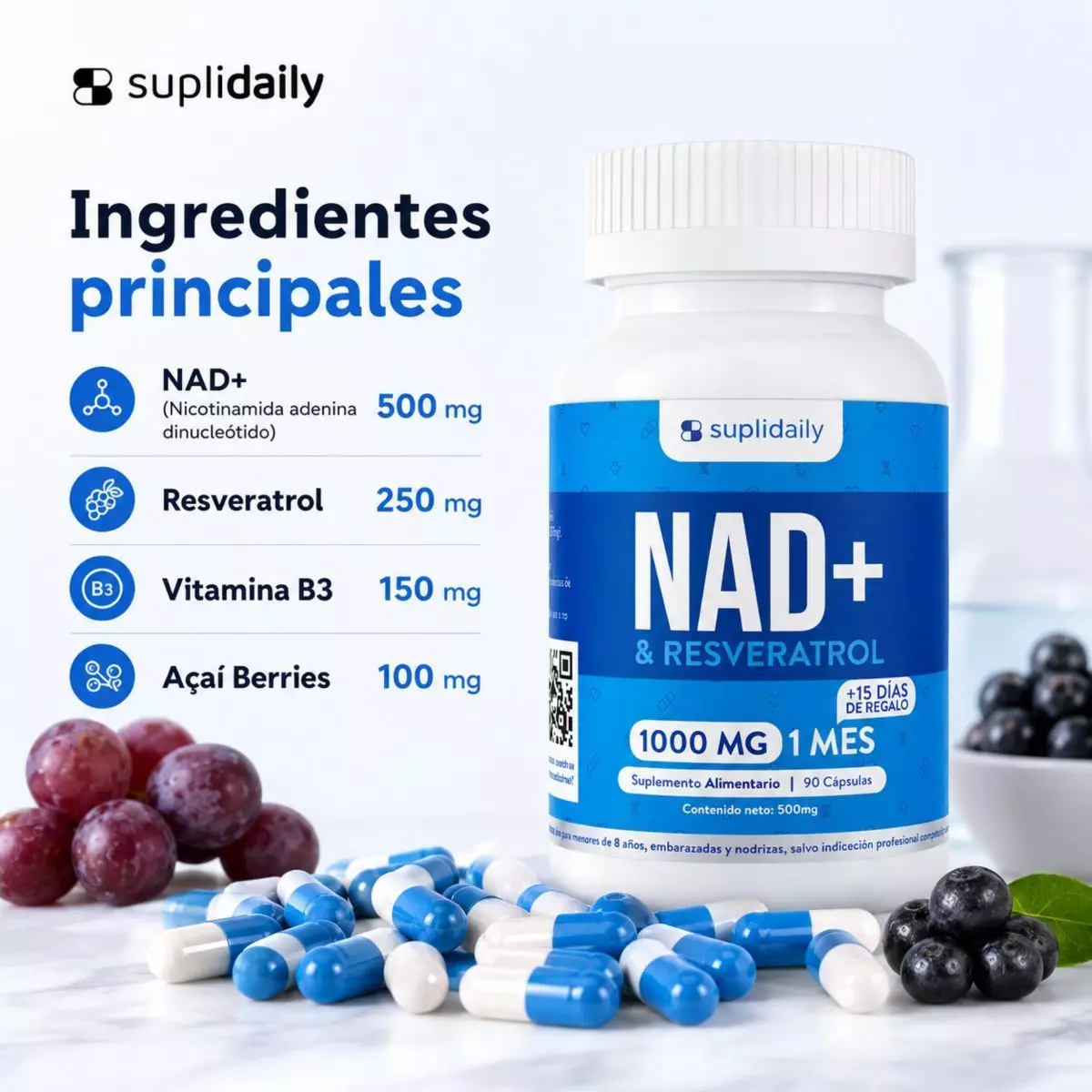 NAD + Resveratrol Suplemento 1000 Mg 90 Capsulas Premium pack x 2-7