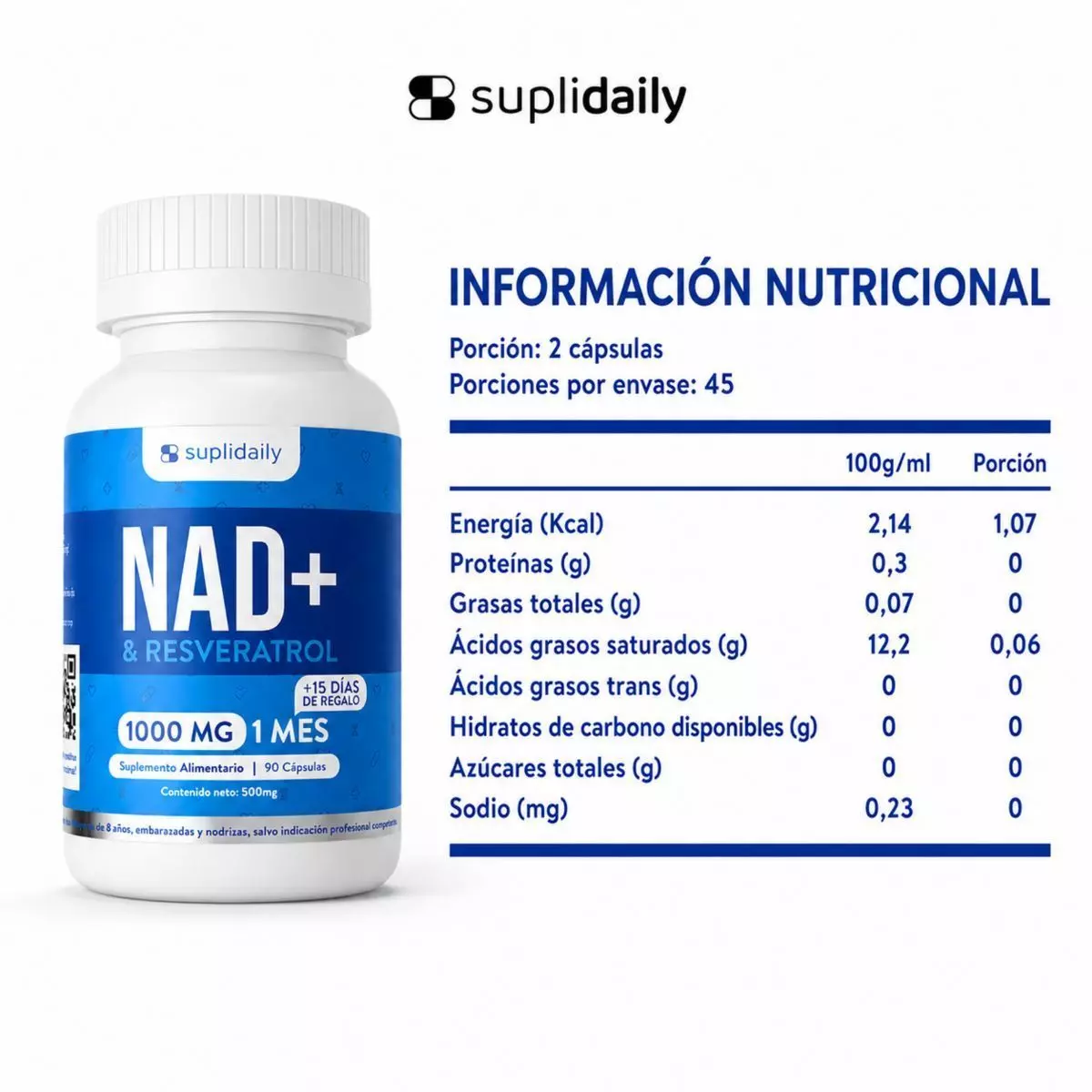NAD + Resveratrol Suplemento 1000 Mg 90 Capsulas Premium pack x 2-9