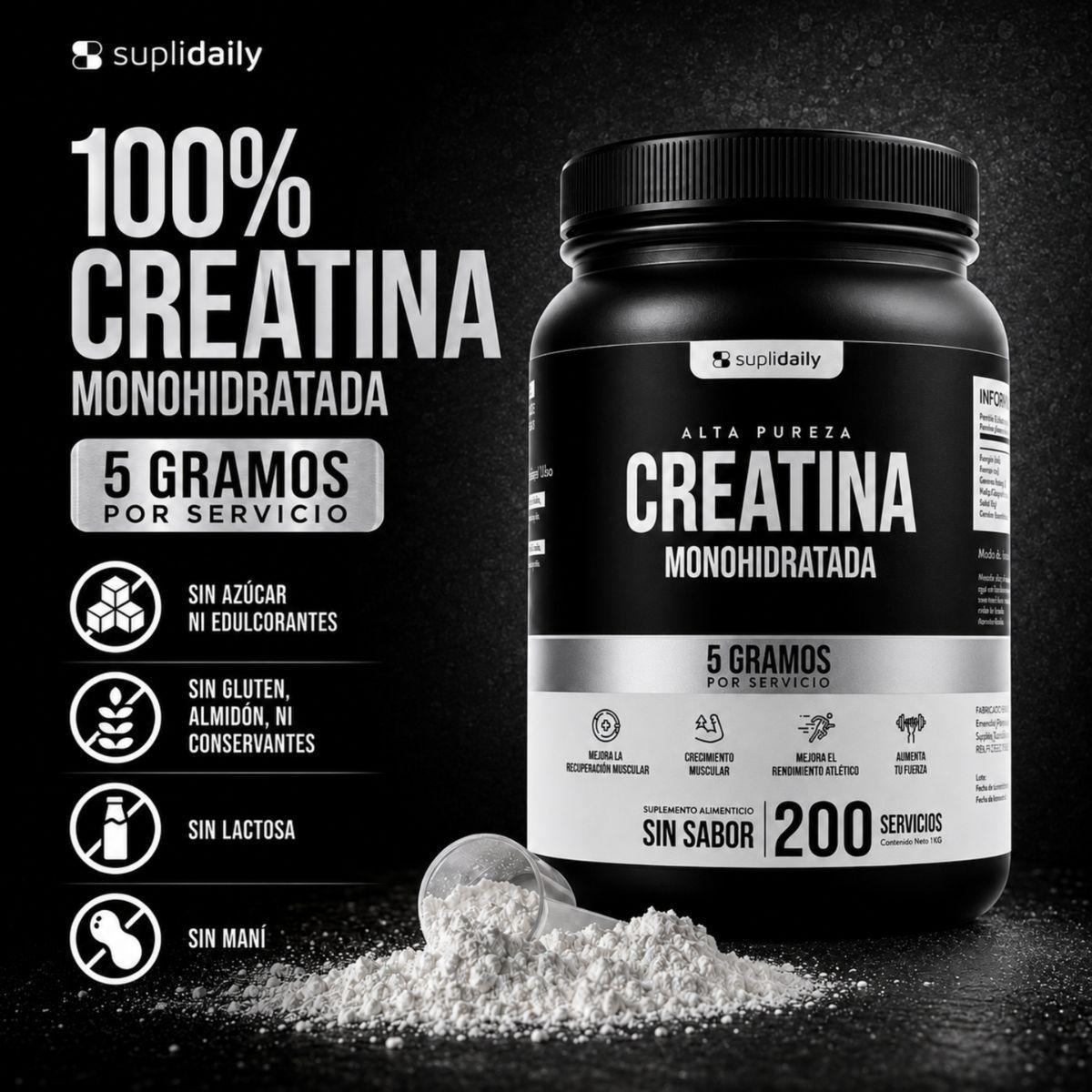 Creatina Monohidratada 100 Sin Sabor SupliDaily 1kg 200 Porc Alta Calidad Rendimiento Entrenamiento-2