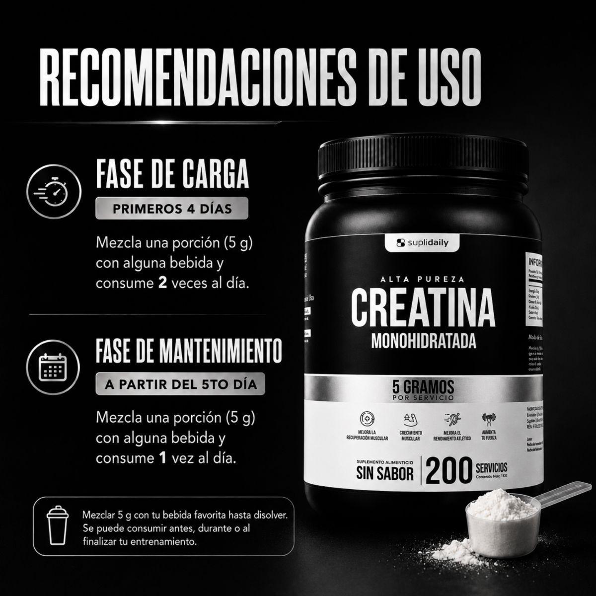 Creatina Monohidratada 100 Sin Sabor SupliDaily 1kg 200 Porc Alta Calidad Rendimiento Entrenamiento-4