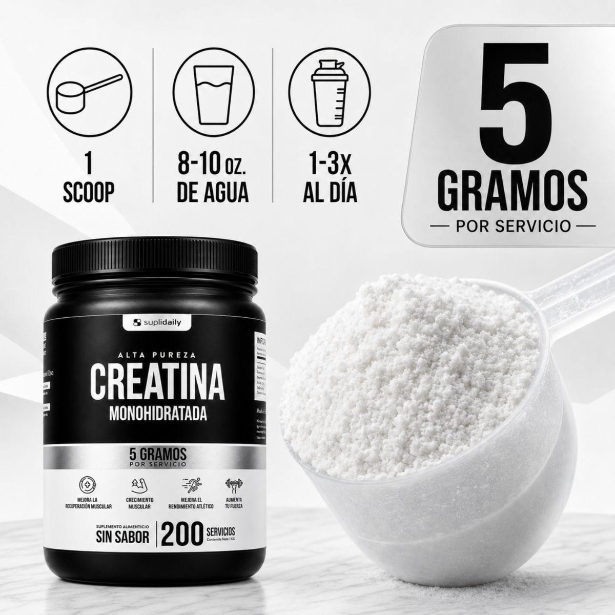 Creatina Monohidratada 100 Sin Sabor SupliDaily 1kg 200 Porc Alta Calidad Rendimiento Entrenamiento-6