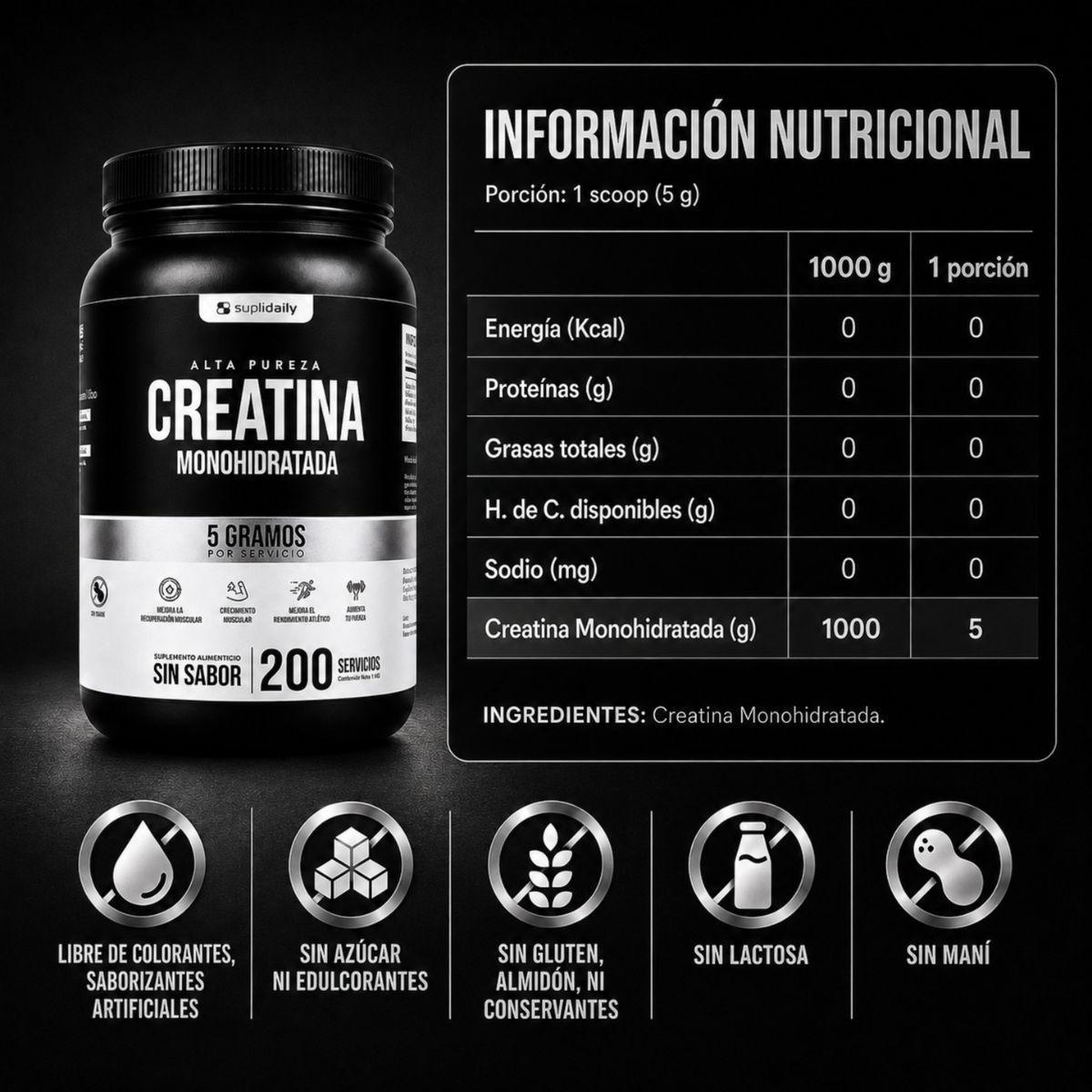 Creatina Monohidratada 100 Sin Sabor SupliDaily 1kg 200 Porc Alta Calidad Rendimiento Entrenamiento-9