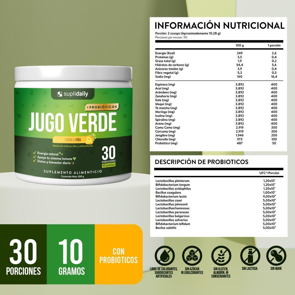 Jugo Verde Detox En Polvo SupliDaily 300g 30 Porciones Sabor Piña Con Probiótico-1