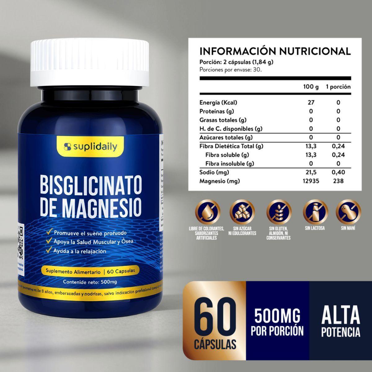 Bisglicinato de Magnesio Alta Absorción 120 Cápsulas Relajación Muscular-1