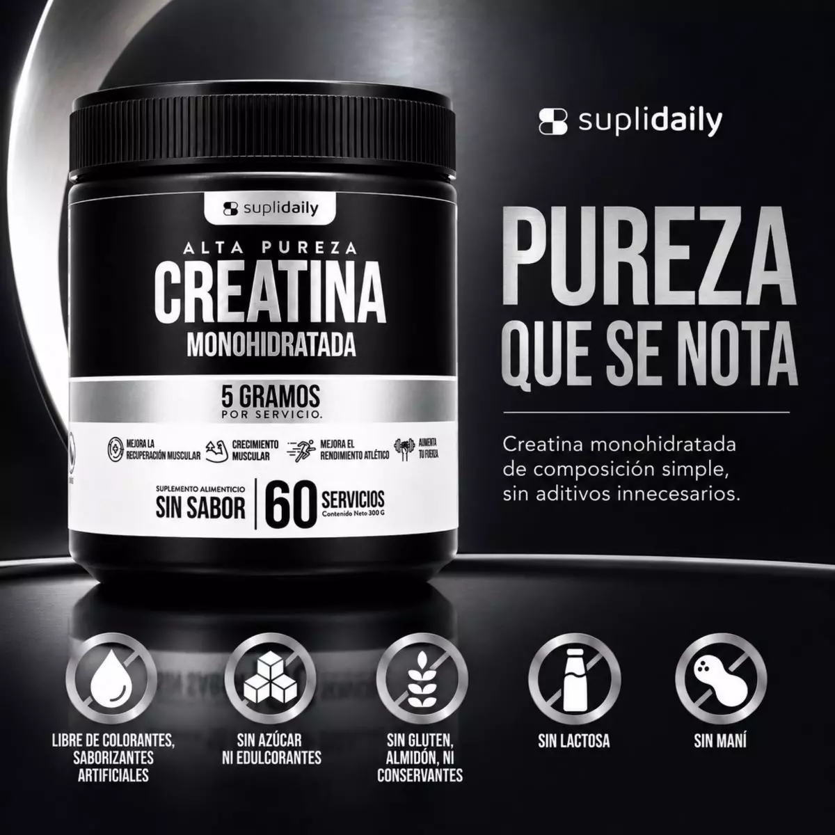 Pack 2 Creatina Monohidrato 100% Pura SupliDaily 600g 120 Porciones Sin Sabor -3