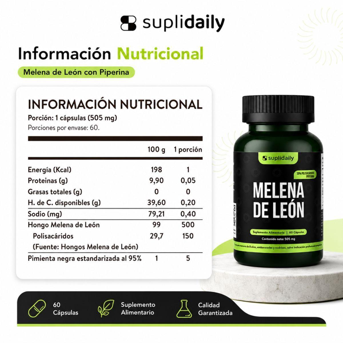 Melena De León SupliDaily 505mg 60 Caps Con Piperina Alta Potencia -9
