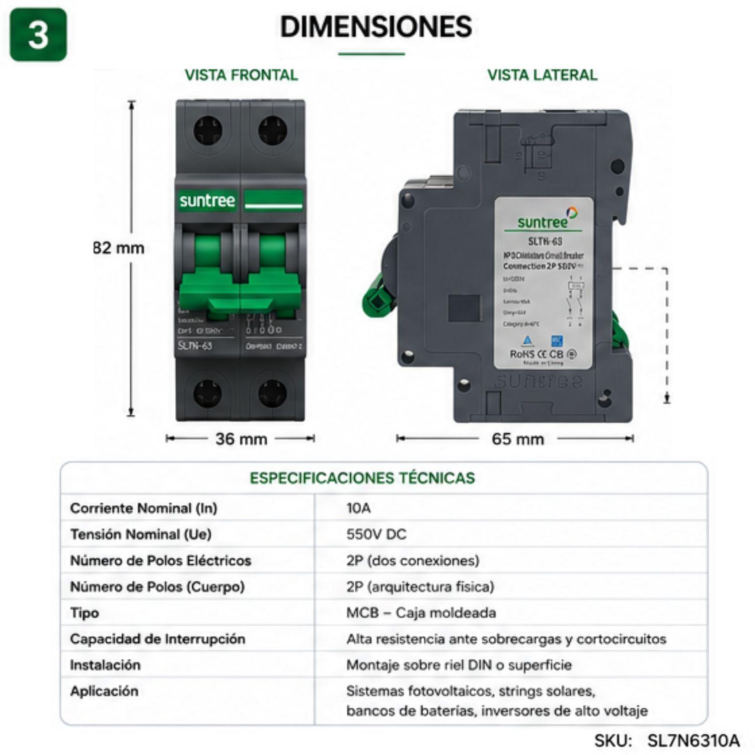 Interruptor Automatico DC 10A 550V 2P Bipolar Solar Suntree-2
