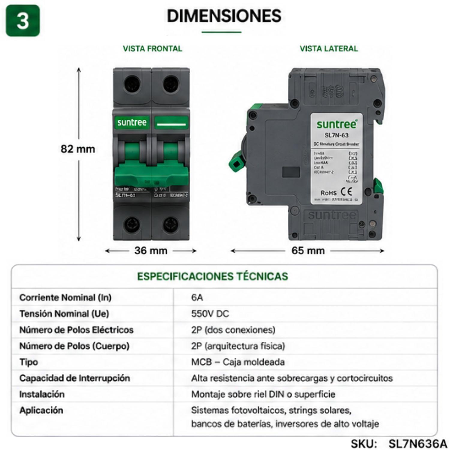 Interruptor Automatico DC 6A 550V 2P Bipolar Solar Suntree-2