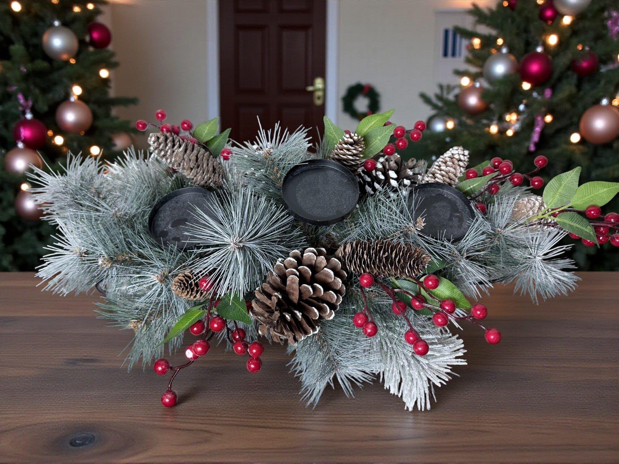 Centro De Mesa Navideño Pino Y Frutos 57cm Realismo Botánico Hogar-3