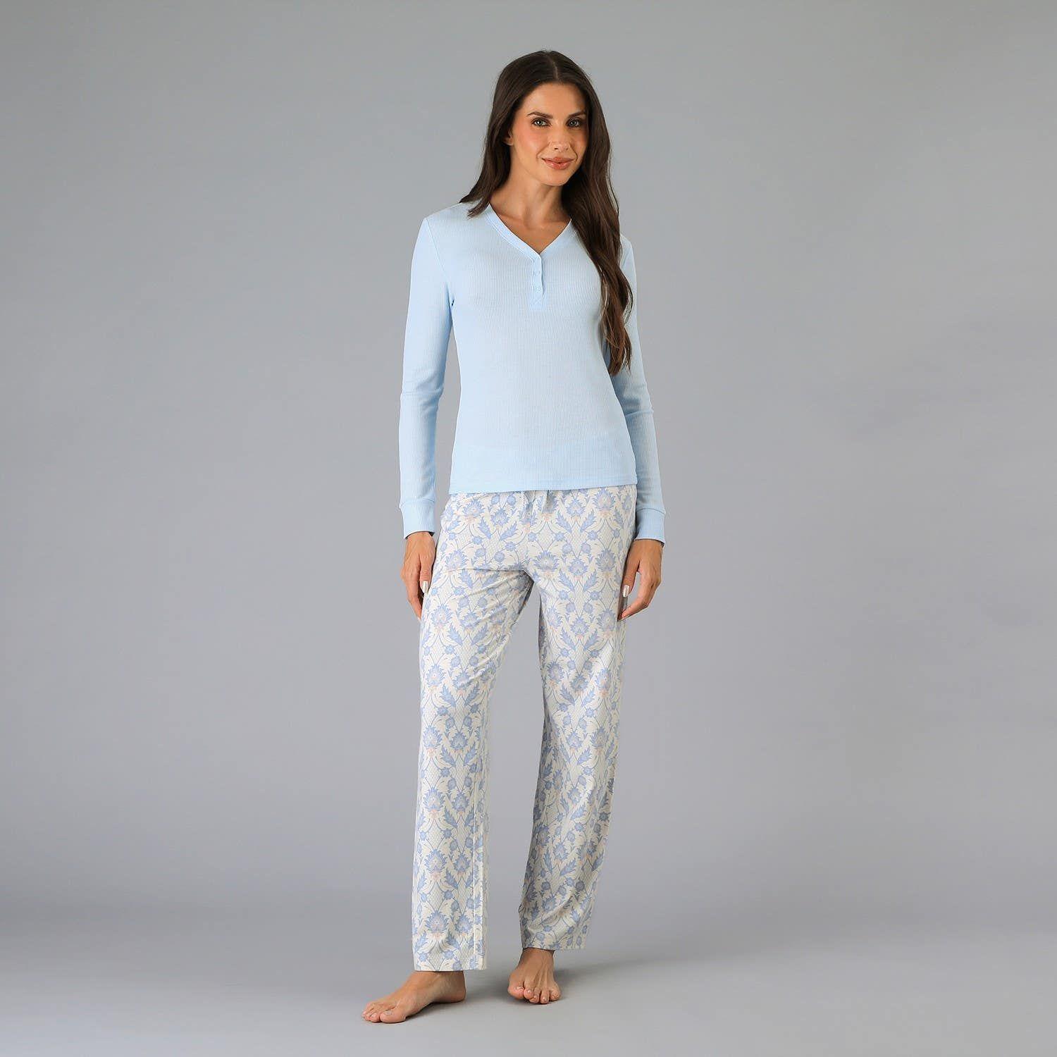 Pijama Polera Rib Con Pata Y Broche Azul-0