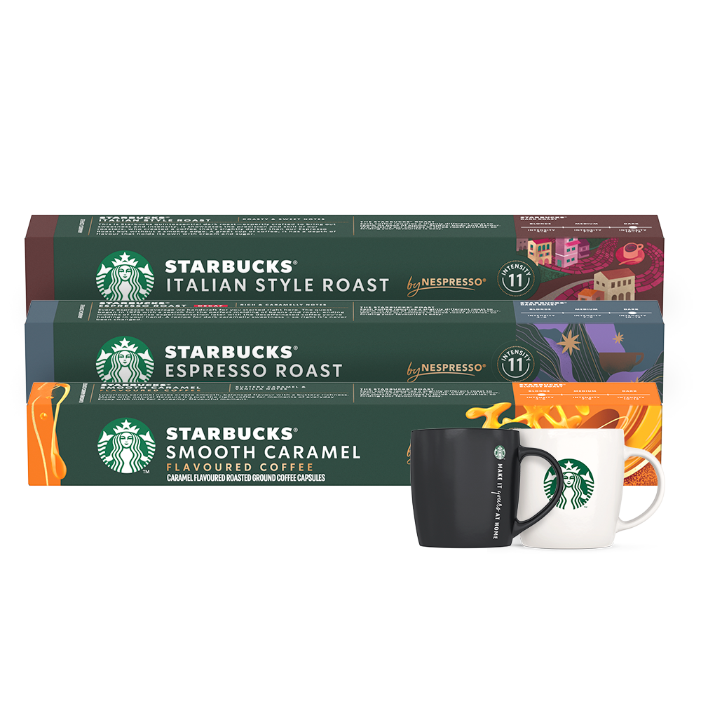  Pack Café Starbucks sabores Espresso Decaf, Italian, Smooth Caramel Cápsulas + 2 Tasas de regalo.-1