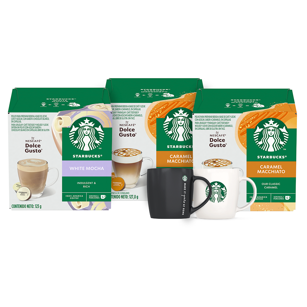 Pack Café Starbucks  sabores White Mocha y 2 cajas de Caramel Macchiato + 2 tasas de regalo.-0