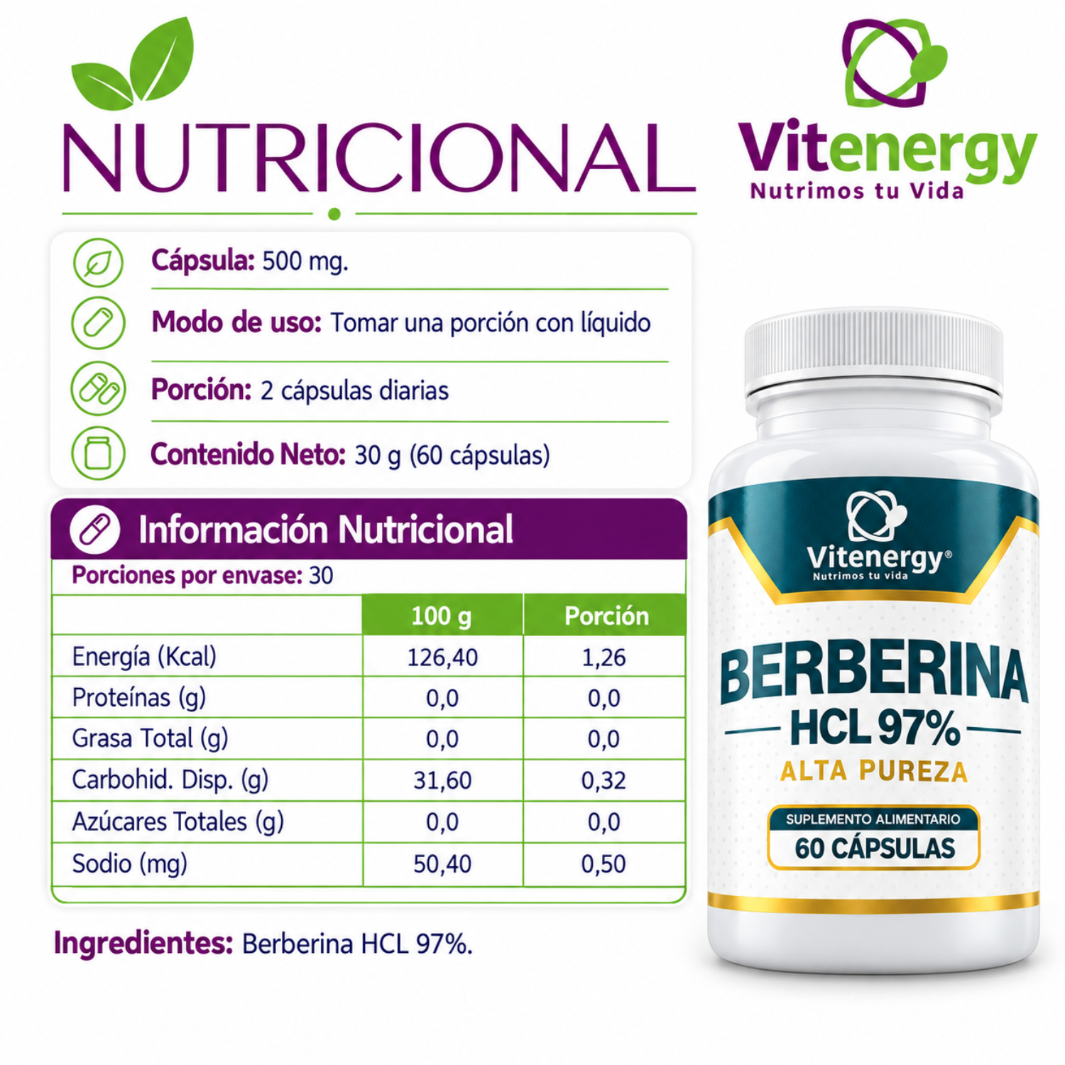 BERBERINA CAPSULAS ALTA PUREZA HCL 97% 500 mg. PACK X2-4