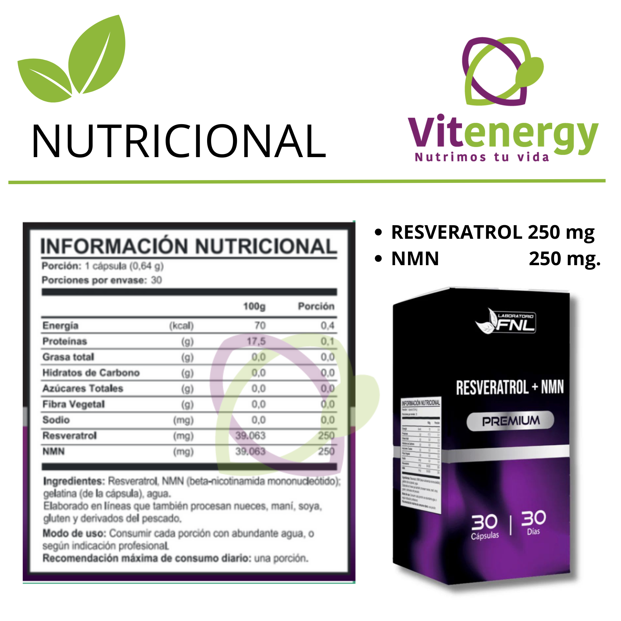 RESVERATROL + NMN NICOTINAMIDA - 500 MG. FNL - ANTIOXIDANTE ANTIEDAD - PACK X3-3