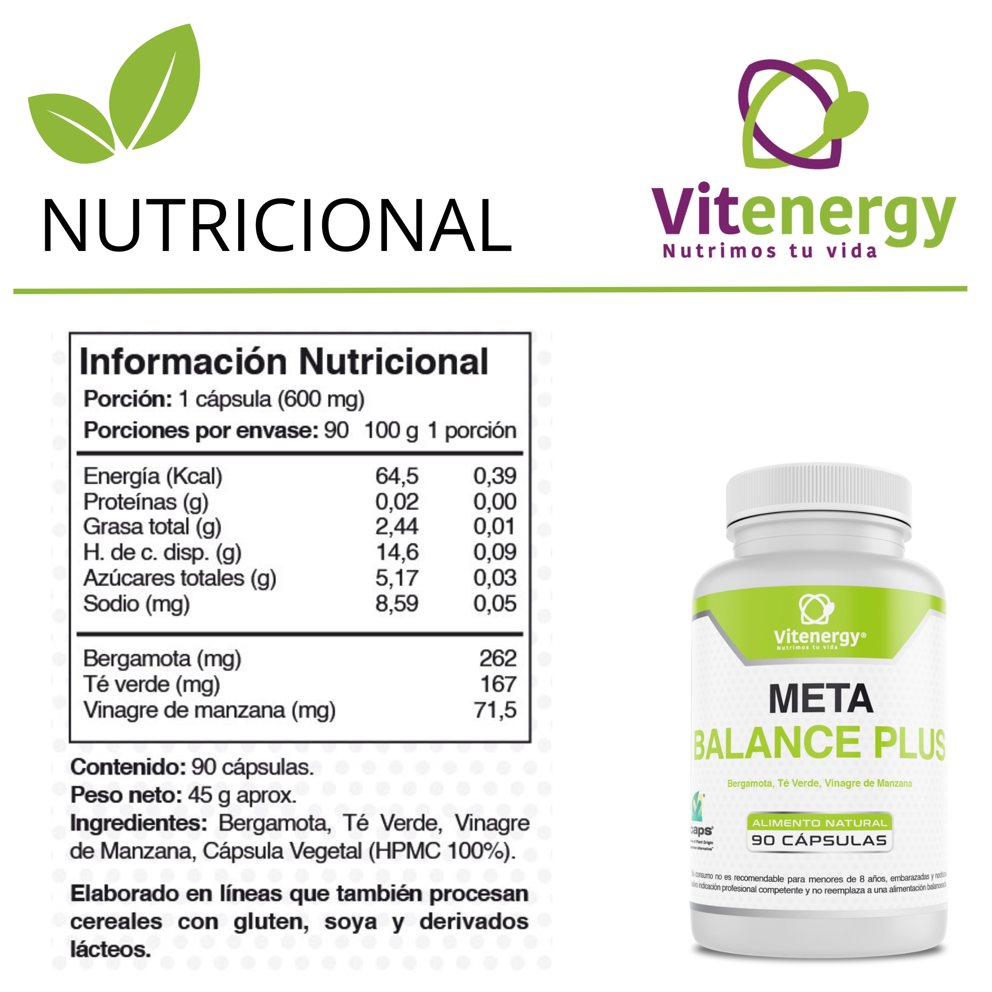 VINAGRE DE MANZANA + TÉ VERDE + BERGAMOTA VITENERGY - 90 CÁPSULAS-5