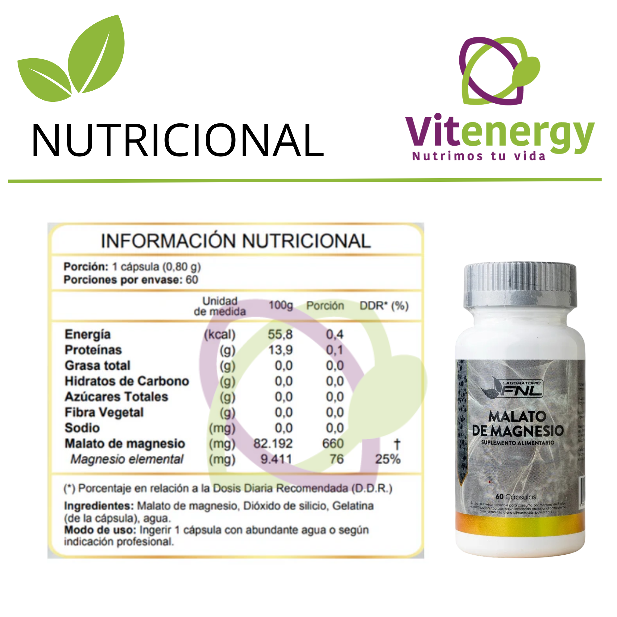 MALATO DE MAGNESIO 660 MG - 60 CÁPSULAS FNL - PACK x3-2
