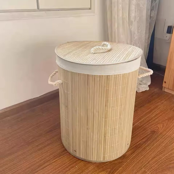 Canasto Cesto Para Ropa De Bambu Natural Redondo 60x35cm-5