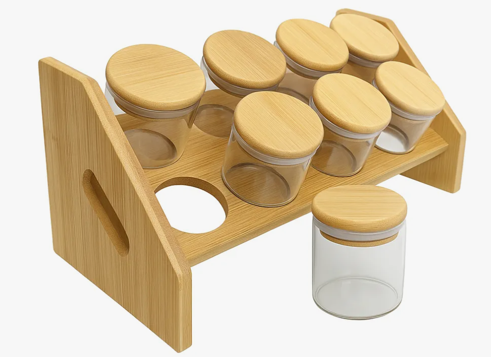 Set 8 Frascos Para Condimentos Vidrio Tapa Bambu + Soporte.-3