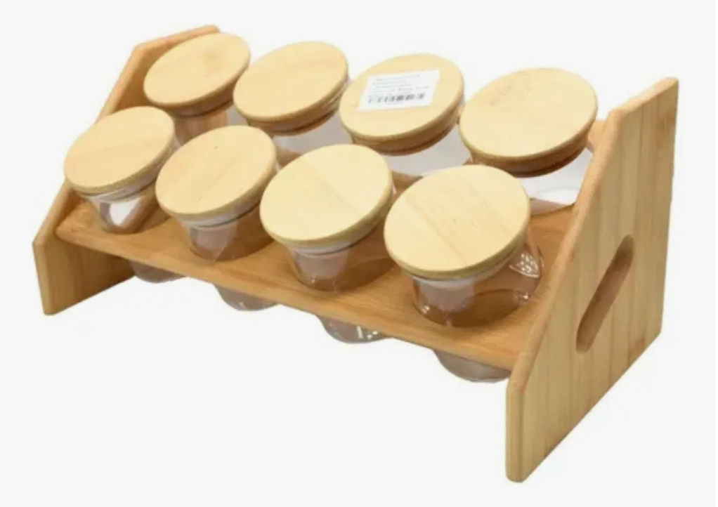 Set 8 Frascos Para Condimentos Vidrio Tapa Bambu + Soporte.-4