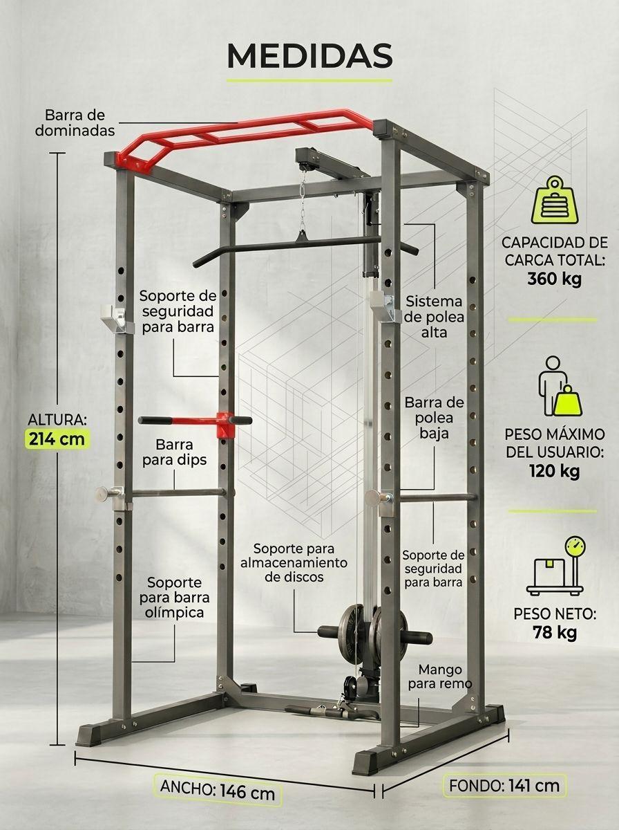 Power Rack Jaula Multifuncional con Polea 360 kg 26 Posiciones-2