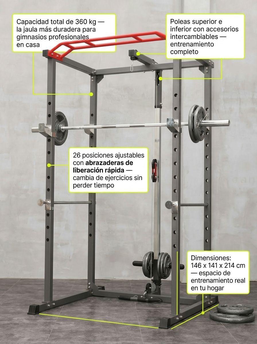 Power Rack Jaula Multifuncional con Polea 360 kg 26 Posiciones-3