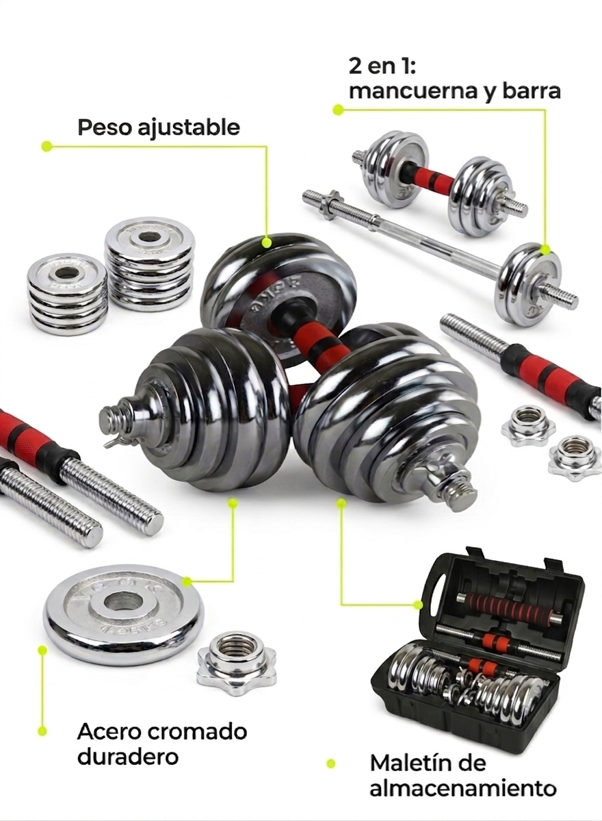 Set Mancuernas Ajustables 15 kg Barra Maletin de Acero Cromado Antioxidante-3