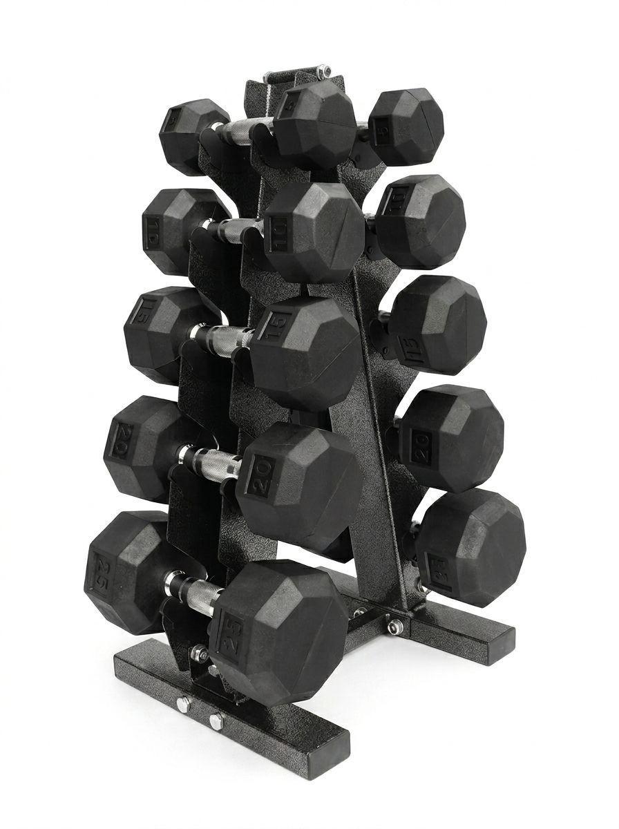 Set Mancuernas Hexagonales 75 kg con Rack Profesional Goma Recubrimiento Triple Capa Moleteado-0