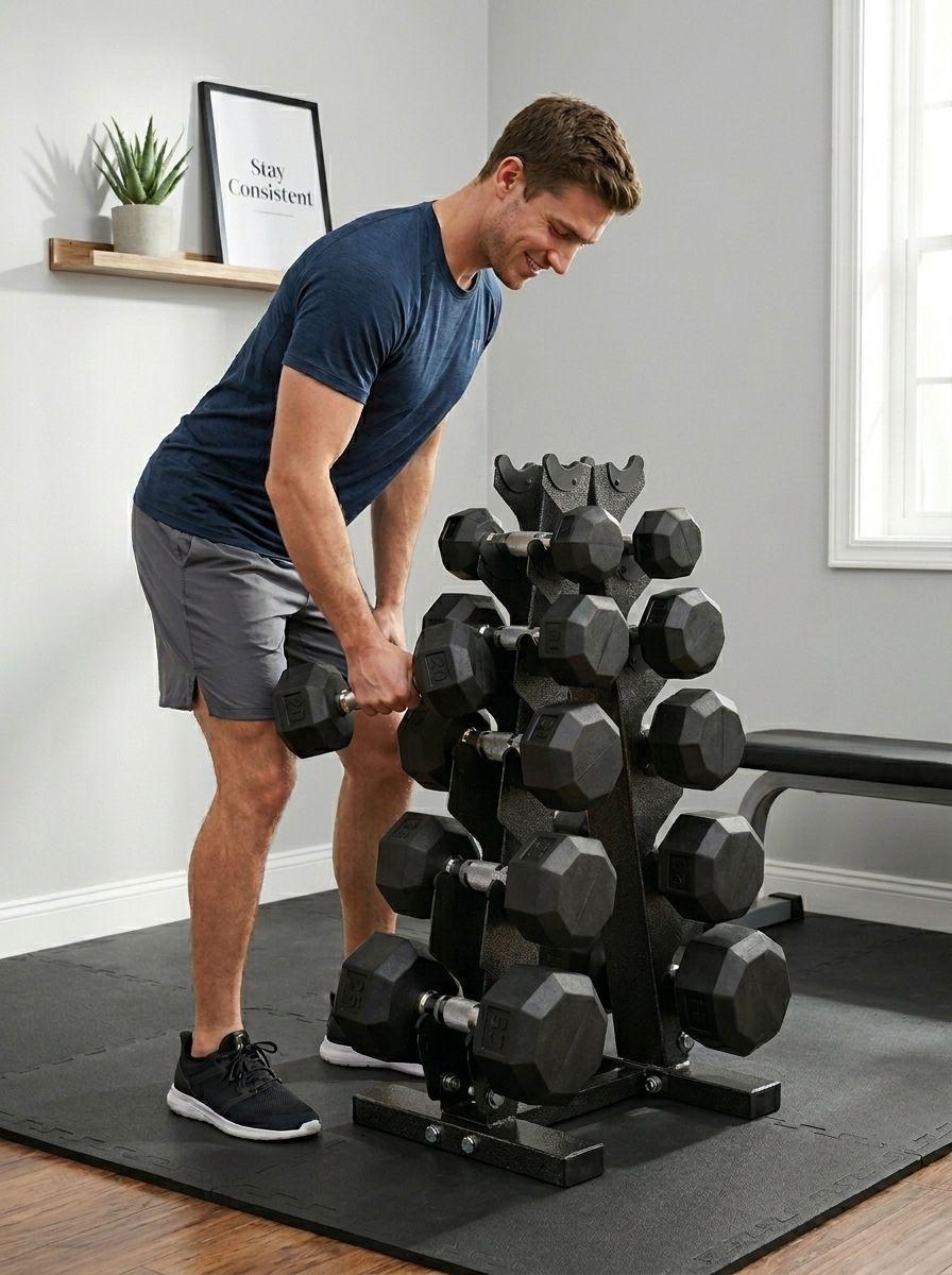 Set Mancuernas Hexagonales 75 kg con Rack Profesional Goma Recubrimiento Triple Capa Moleteado-1
