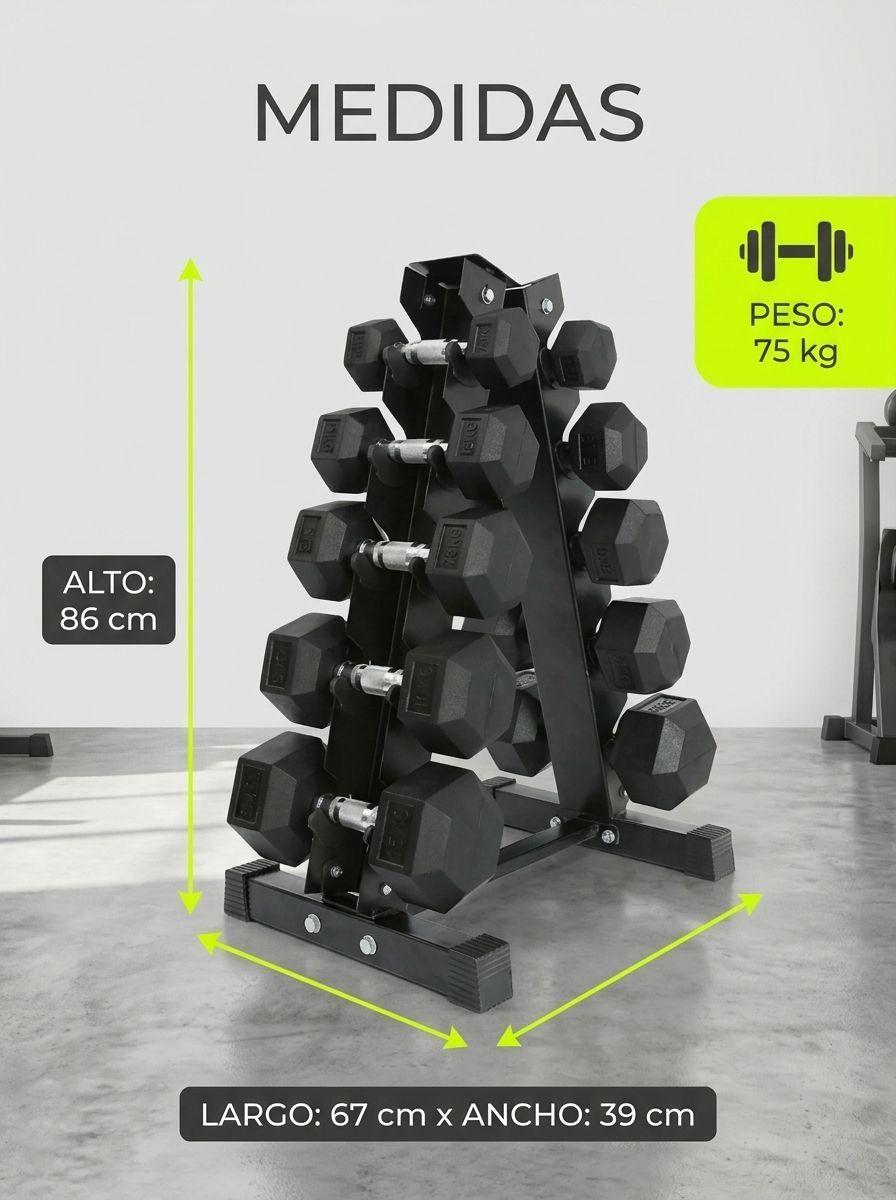 Set Mancuernas Hexagonales 75 kg con Rack Profesional Goma Recubrimiento Triple Capa Moleteado-2