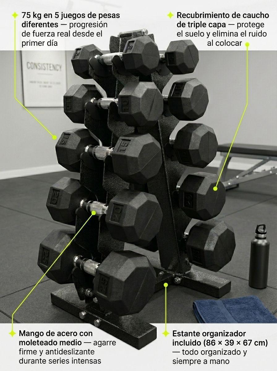 Set Mancuernas Hexagonales 75 kg con Rack Profesional Goma Recubrimiento Triple Capa Moleteado-3