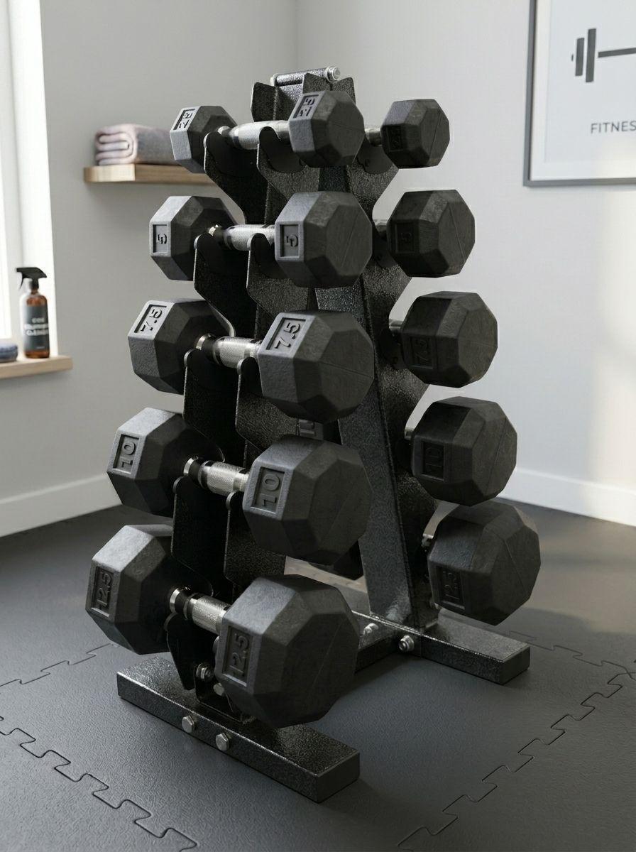 Set Mancuernas Hexagonales 75 kg con Rack Profesional Goma Recubrimiento Triple Capa Moleteado-4