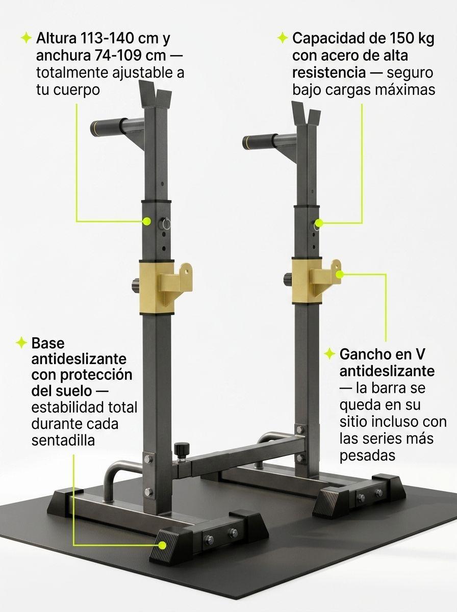 Rack Sentadillas Extendible Squat y Press Banca Acero 150 kg Altura 113 140 cm Ancho Ajustable-3
