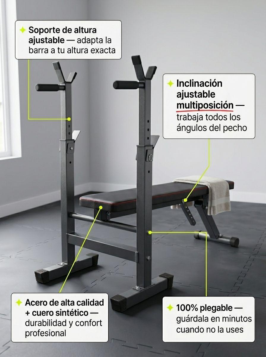 Banco Press Banca con Rack Reclinable Plegable Para Pesas Acero y Cuero Sintetico Altura Regulabl-3