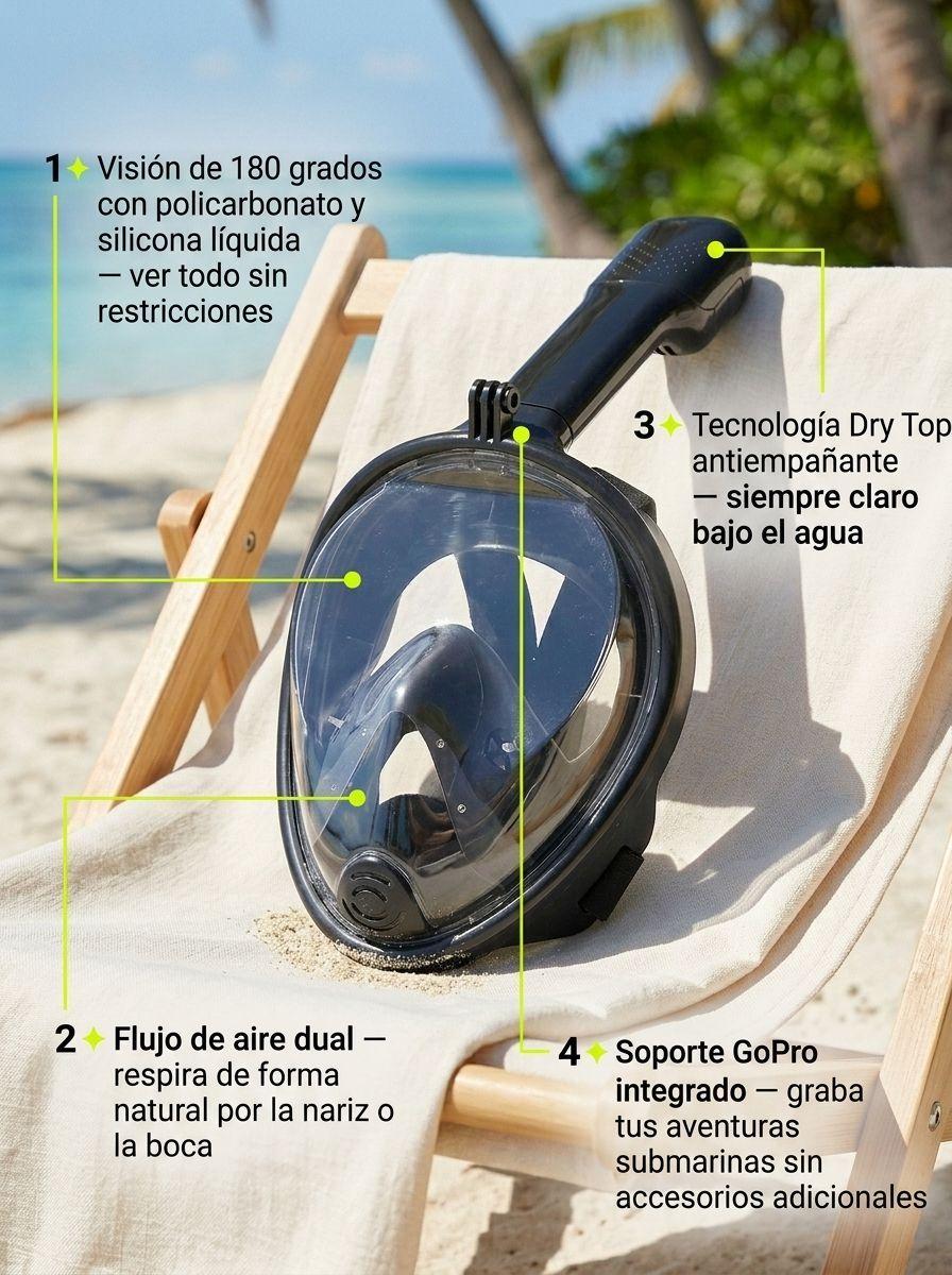 Mascara Snorkel Full Face Talla L XL Negra Vision 180 Grados Anti Empa o Soporte GoPro-2