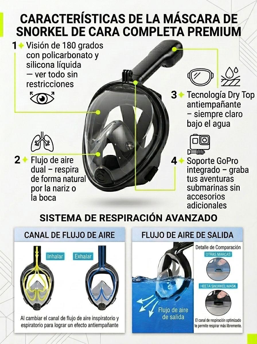 Mascara Snorkel Full Face Talla L XL Negra Vision 180 Grados Anti Empa o Soporte GoPro-3