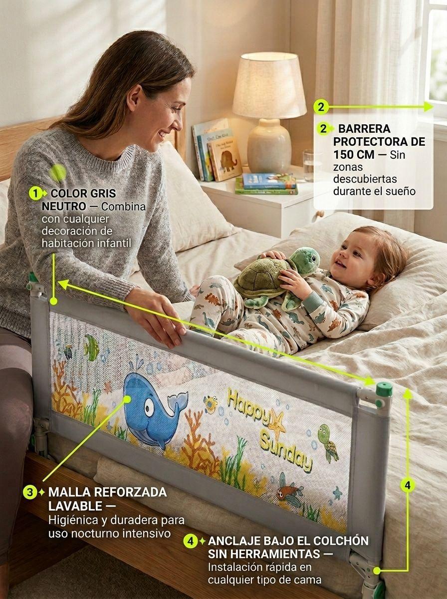 Baranda Cama Seguridad Bebe Gris Plegable Malla Metal-4