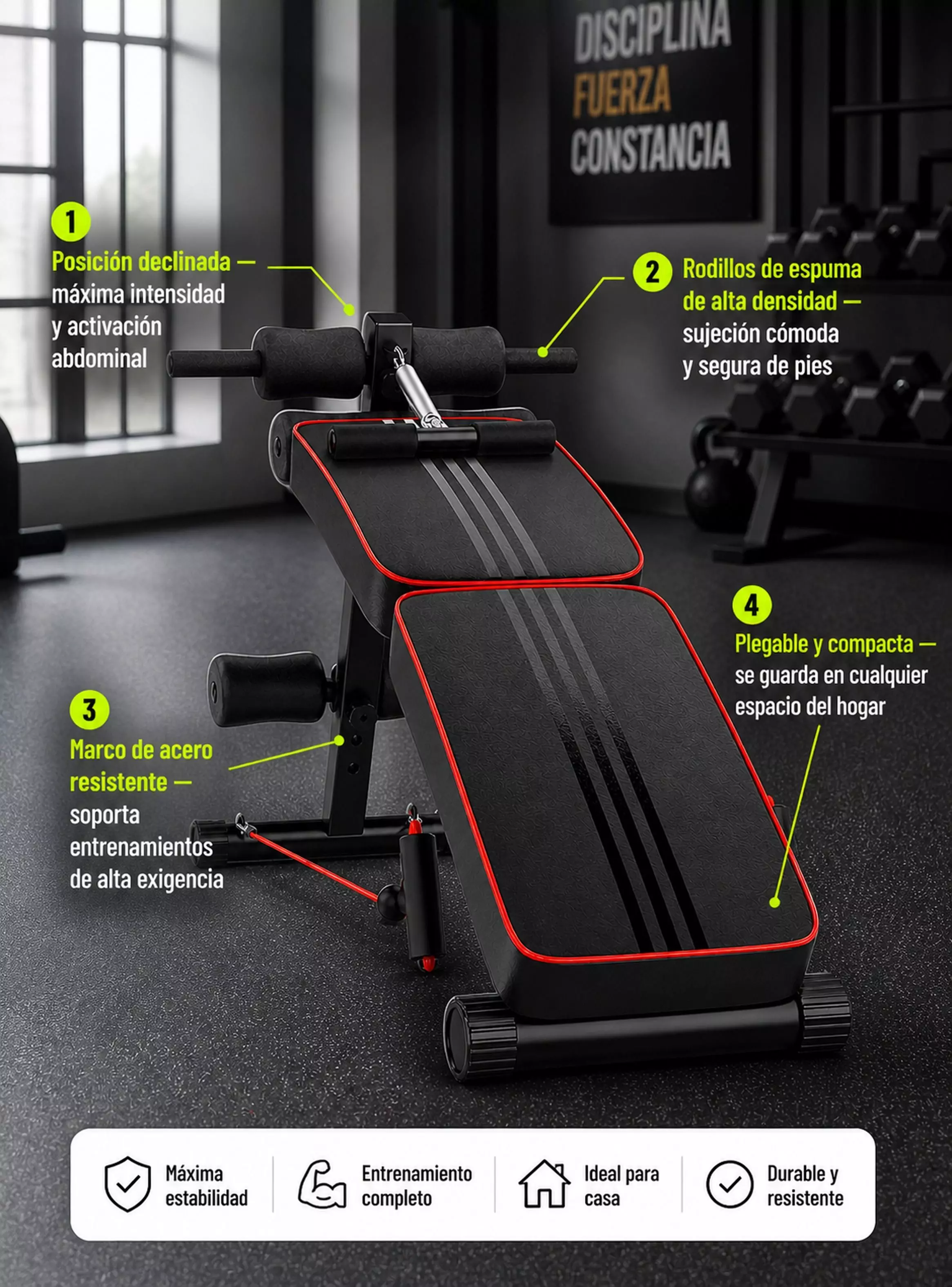 Banca Abdominal Plegable Full Pro Sportime Biceps Triceps Acero Guarda en Cualquier Espacio-2