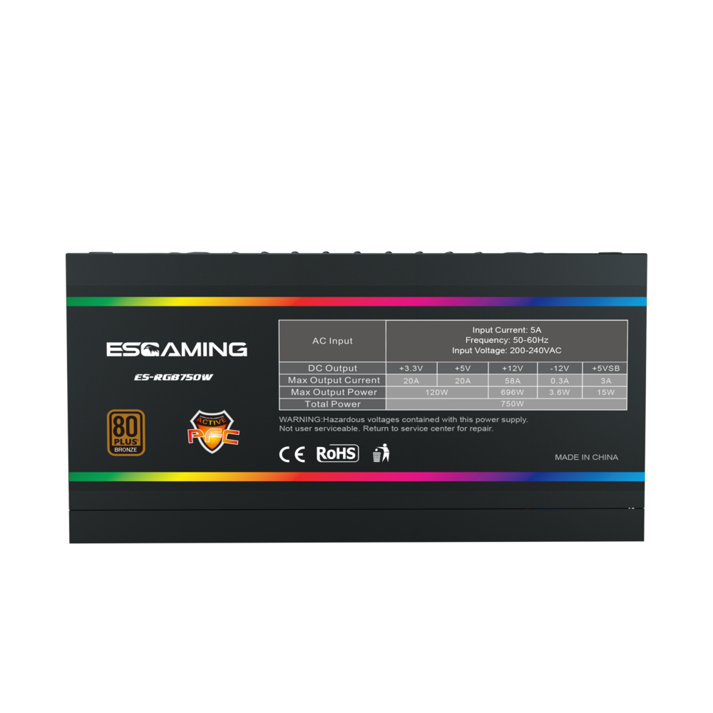 Fuente de Poder Esgaming ES RGB750W Cables Fijos Certificada 80 PLUS Bronze ATX-4
