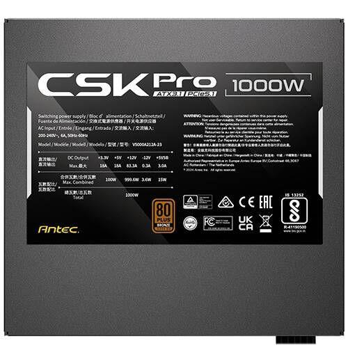 Fuente de Poder Antec CSK1000 Pro, 1000W, Certificada 80 Plus Bronze, ATX 3.1, PCIe 5.1-3