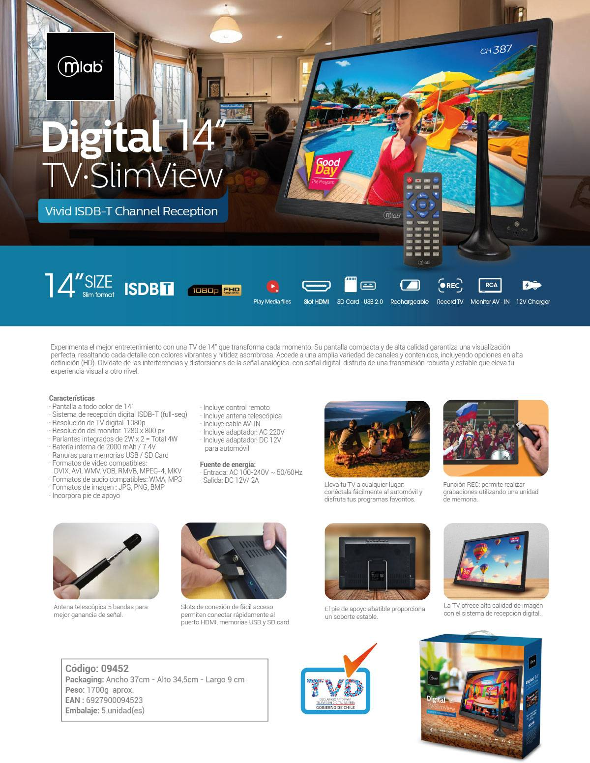 Televisor Portátil Digital MLAB SlimView 14” Sintonizador ISDB-T, Batería recargable, HDMI, USB, AV-4