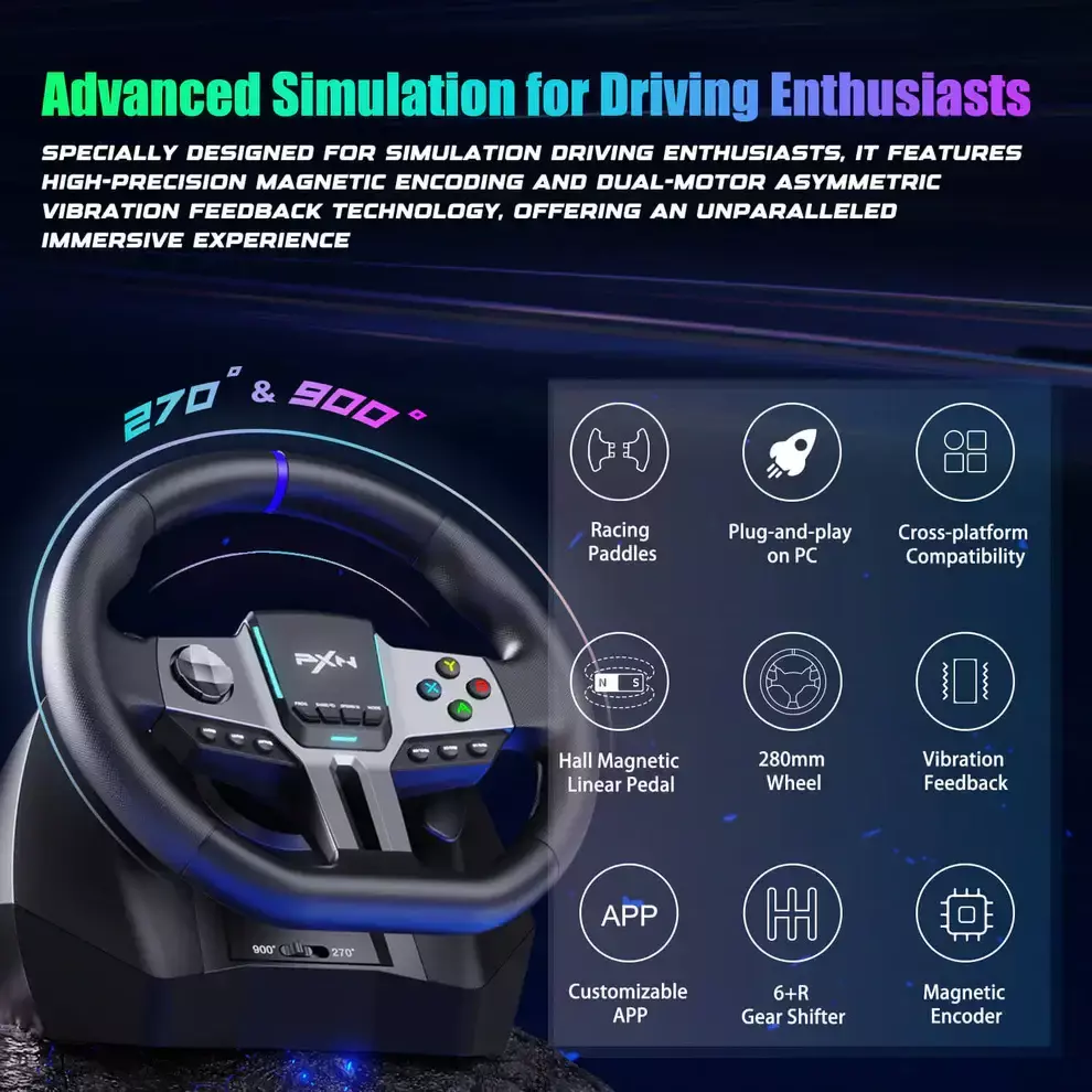 Volante para Simulador de Manejo PXN V9 Gen 2 Giro 270 900 Pedales y Palanca Inclu dos Negro-2