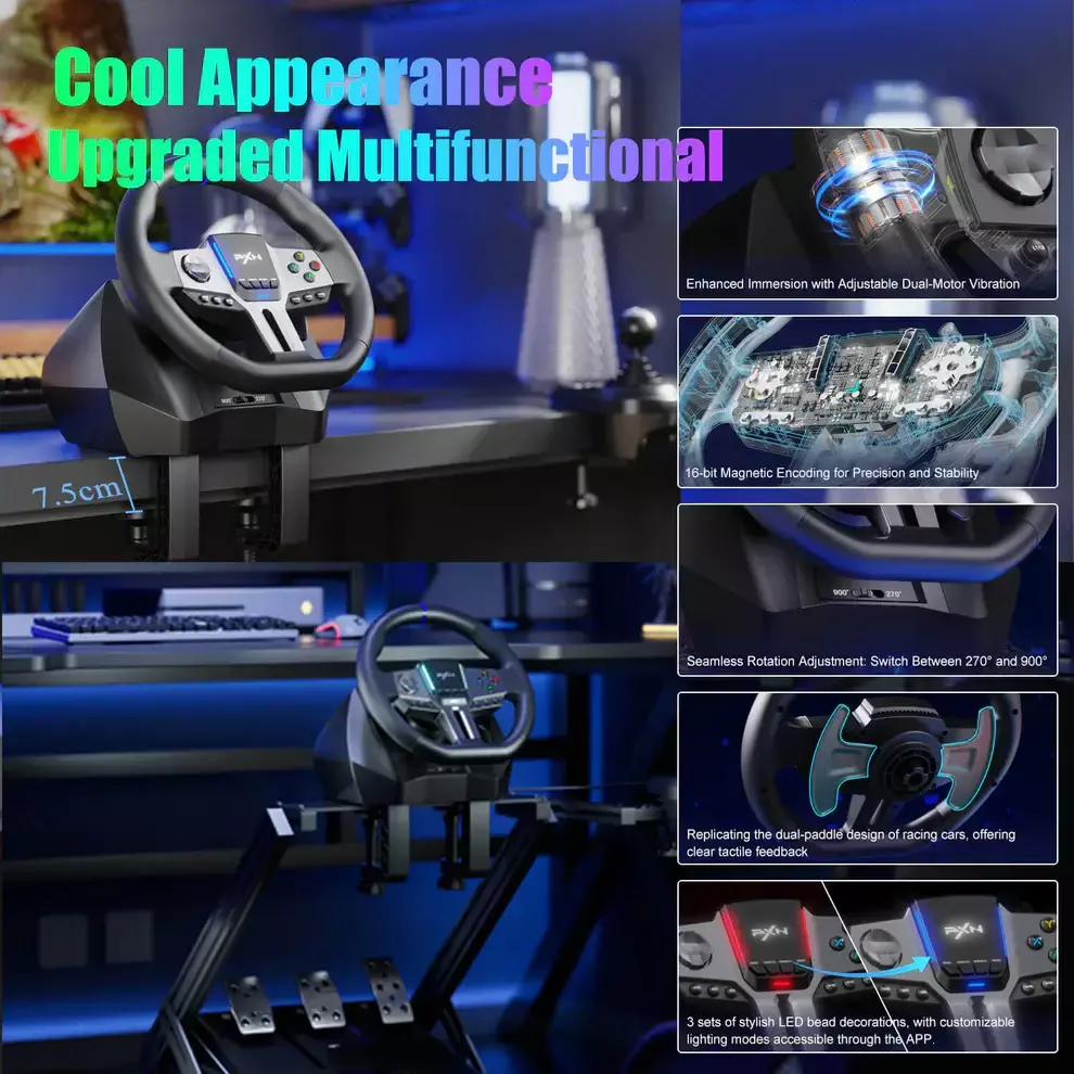Volante para Simulador de Manejo PXN V9 Gen 2 Giro 270 900 Pedales y Palanca Inclu dos Negro-5