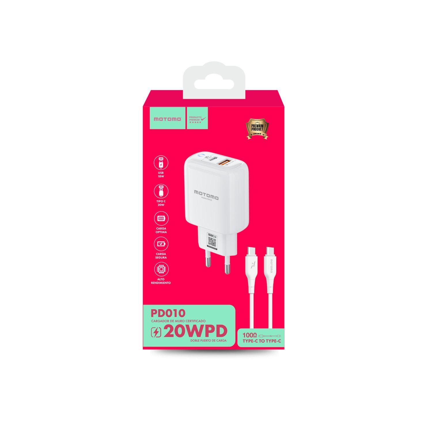 Cargador Inteligente Motomo MO-PD010, USB-A y USB-C, incluye Cable USB-C a USB-C -2