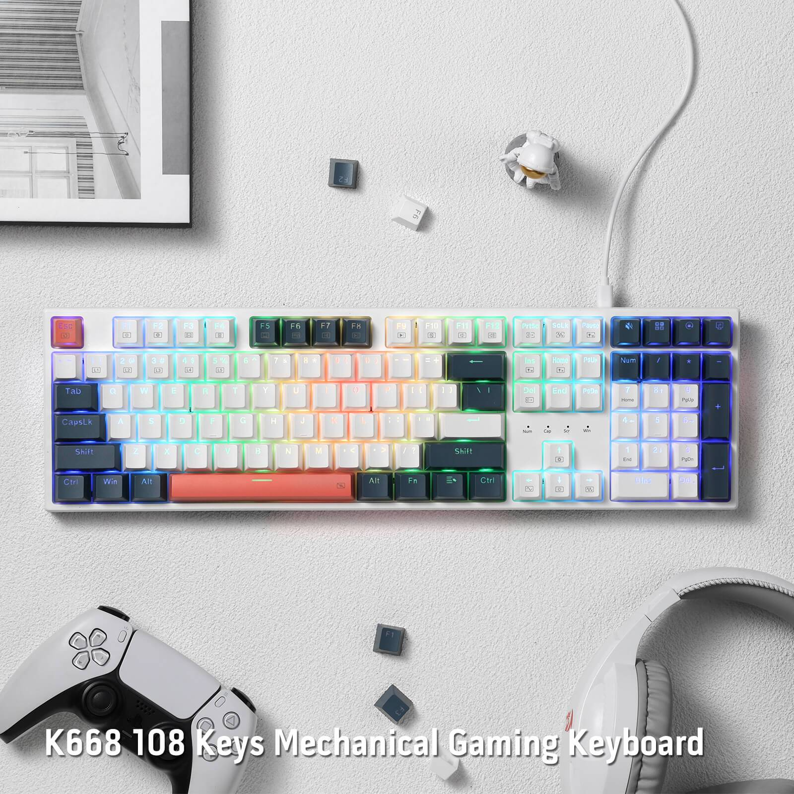 Teclado Gamer Redragon Trundle K668, Mecánico, Español, Switch Red, Full Size, Blanco/Negro/Rojo-4