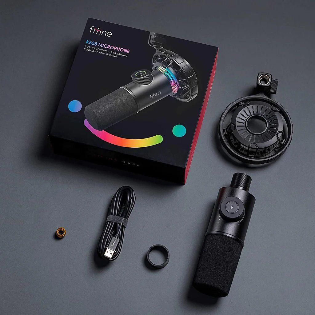 Micrófono para Streaming Fifine K658, Cardioide Dinámico, Plug & Play, RGB, Negro-1
