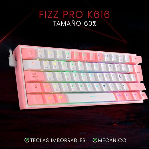Teclado Gamer Inalámbrico Redragon Fizz Pro K616 RGB, Español, Red Switch, RGB, 60%, Blanco/Rosado-2
